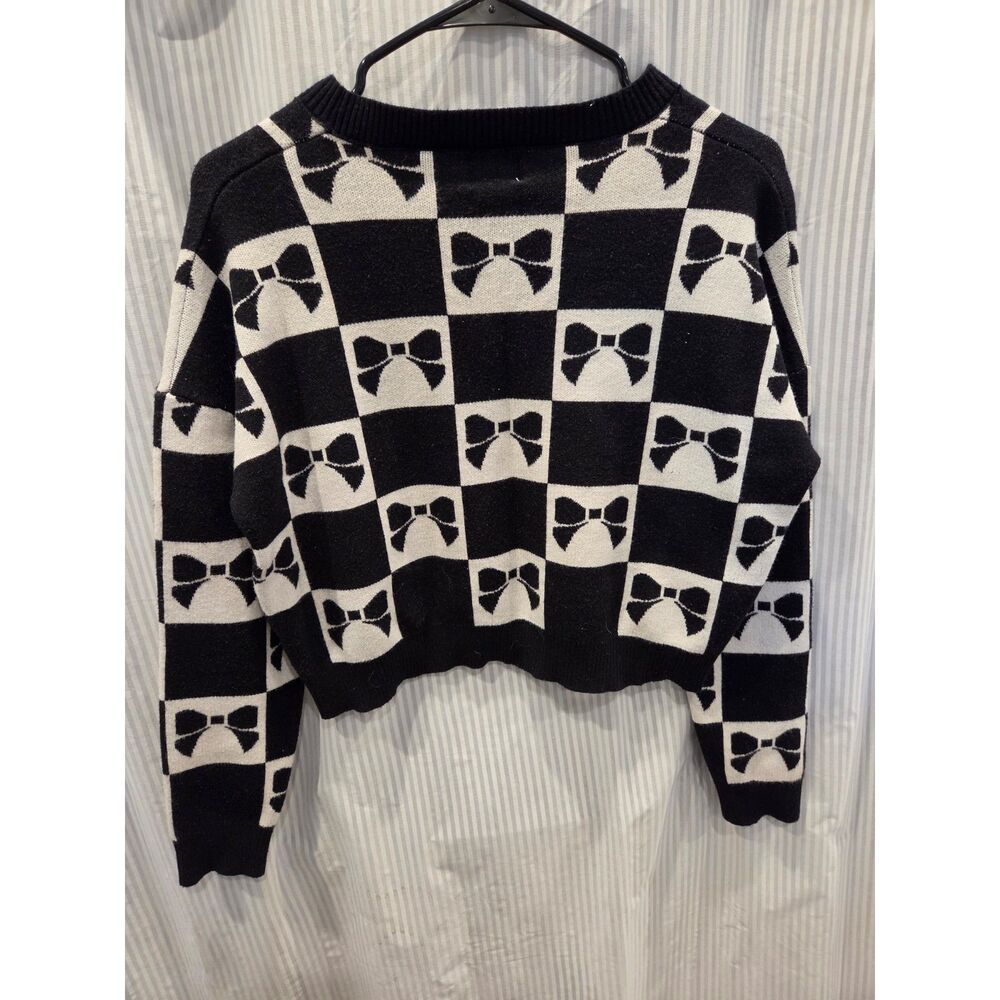 Luna Ivy Anthropologie Checkerboard Bow Cropped Knit Pullover Sweater Size Small